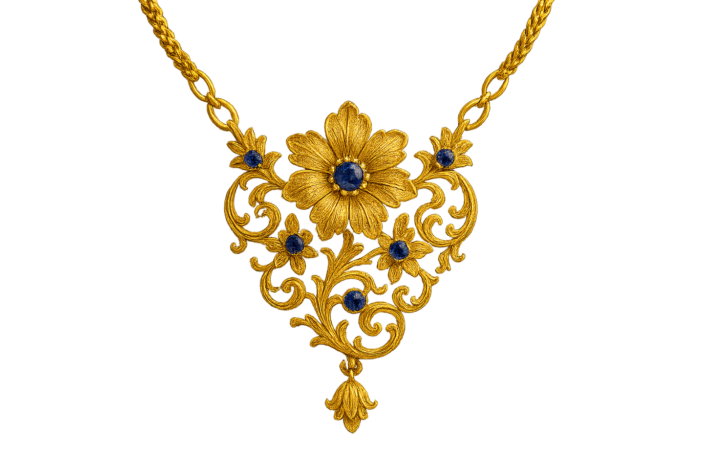Elegant 22KT gold pendant necklace with intricate floral design. Perfect for festive and daily wear. with sapphire give the image in png format no background 