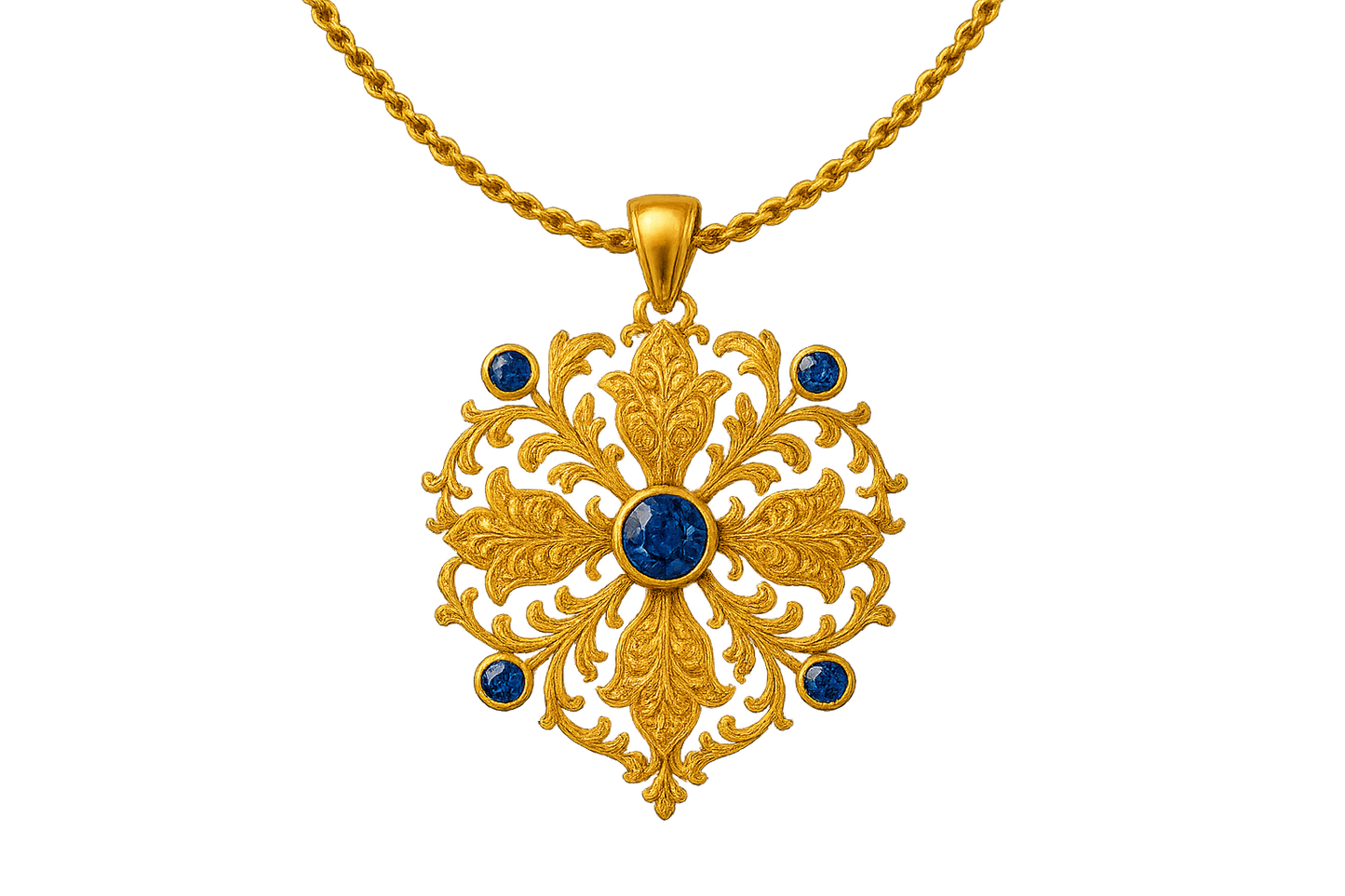Elegant 22KT gold pendant necklace with intricate floral design. Perfect for festive and daily wear. with sapphire give the image in png format no background 