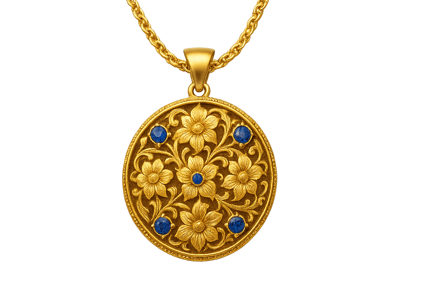 Elegant 22KT gold pendant necklace with intricate floral design. Perfect for festive and daily wear. with sapphire give the image in png format no background 