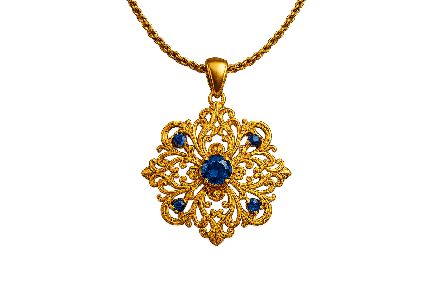 Elegant 22KT gold pendant necklace with intricate floral design. Perfect for festive and daily wear. with sapphire give the image in png format no background 