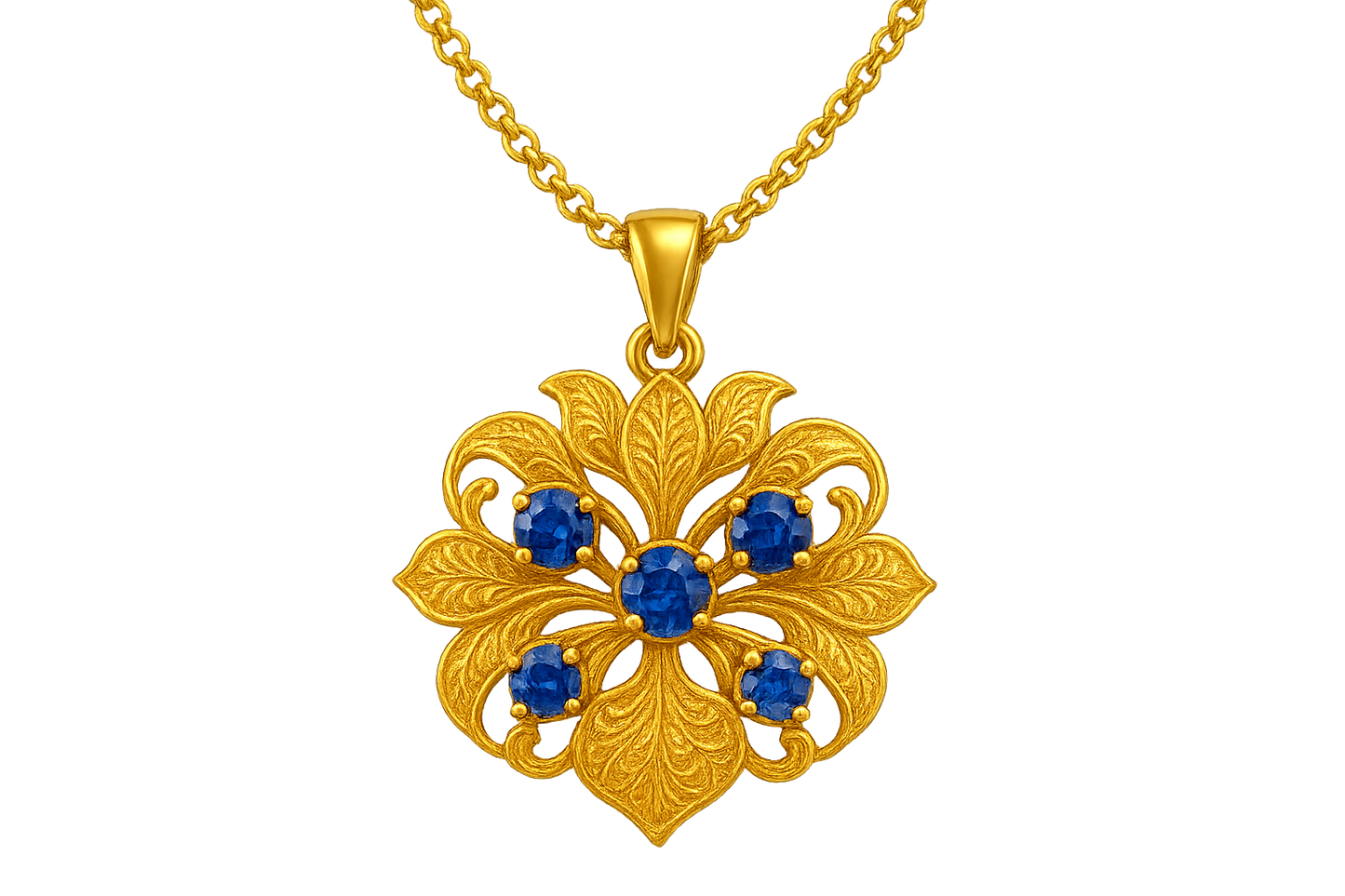 Elegant 22KT gold pendant necklace with intricate floral design. Perfect for festive and daily wear. with sapphire give the image in png format no background 
