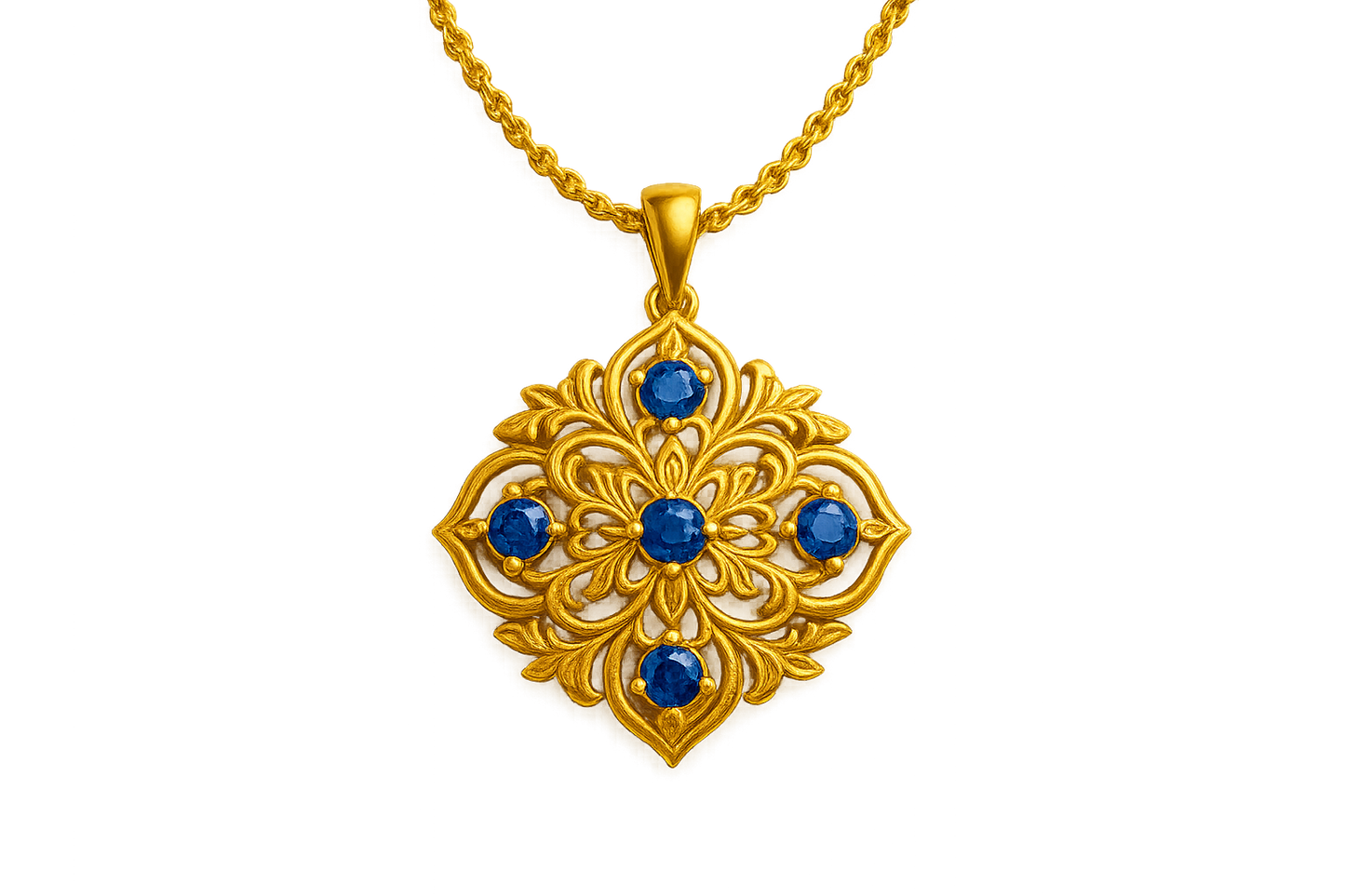 Elegant 22KT gold pendant necklace with intricate floral design. Perfect for festive and daily wear. with sapphire give the image png format no background 