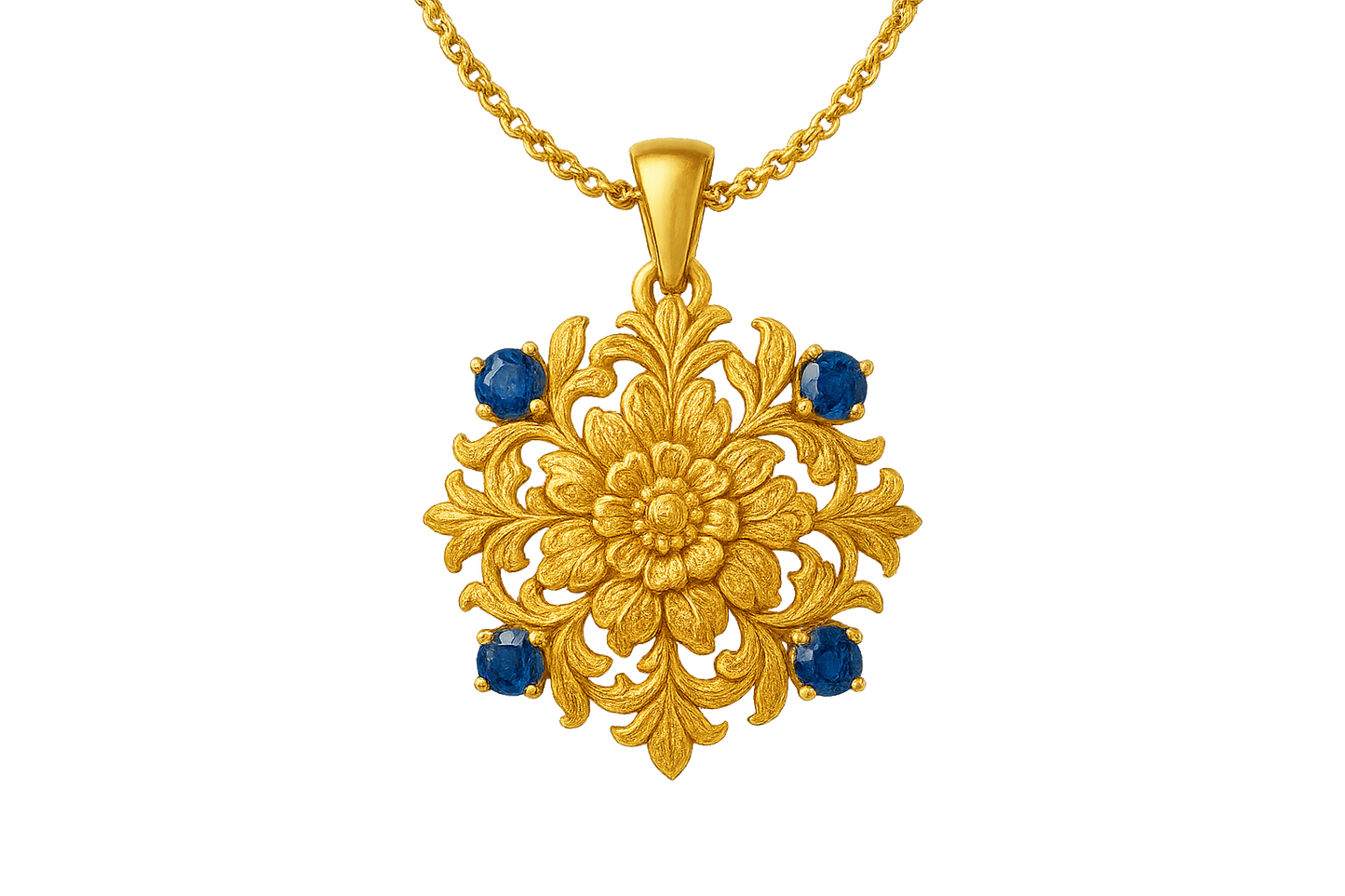 Elegant 22KT gold pendant necklace with intricate floral design. Perfect for festive and daily wear. with sapphire give the image png format no background 