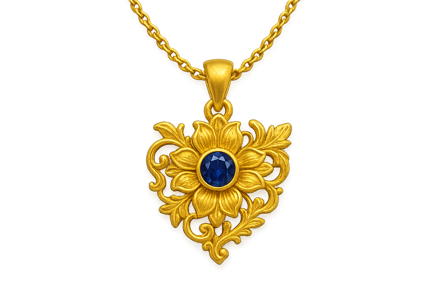 Elegant 22KT gold pendant necklace with intricate floral design. Perfect for festive and daily wear. with sapphire give the image png format no background