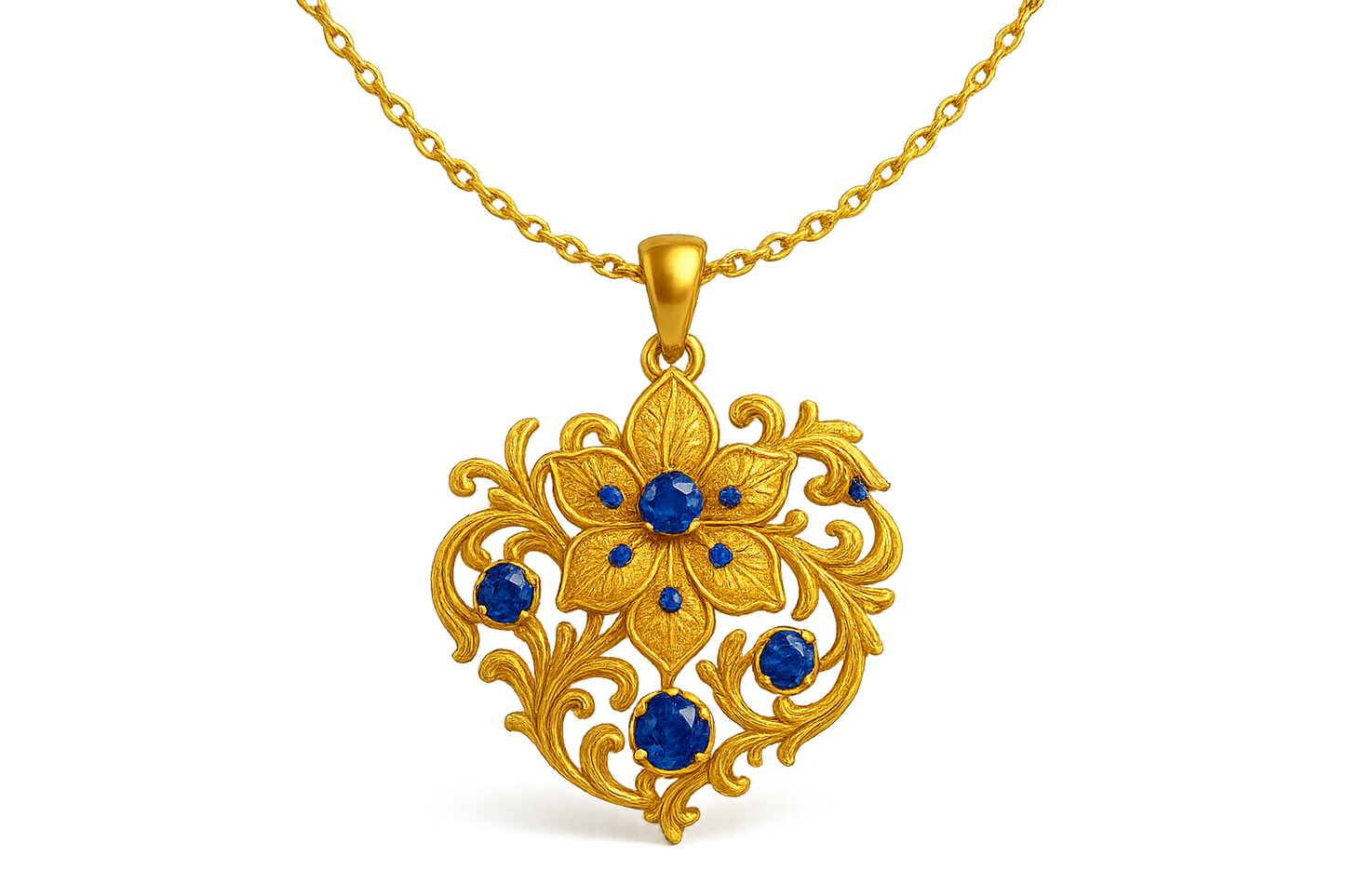 Elegant 22KT gold pendant necklace with intricate floral design. Perfect for festive and daily wear. with sapphire give the image png format no background 