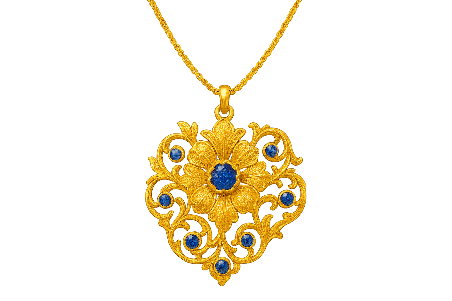 Elegant 22KT gold pendant necklace with intricate floral design. Perfect for festive and daily wear. with sappire give the image png format no background