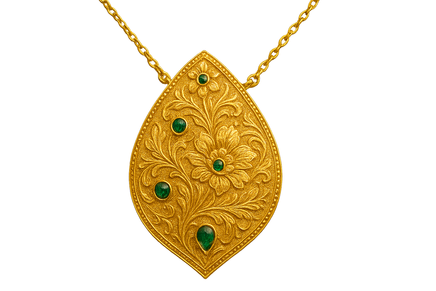 Elegant 22KT gold pendant necklace with intricate floral design. Perfect for festive and daily wear. witrh emerald give the image in format no background