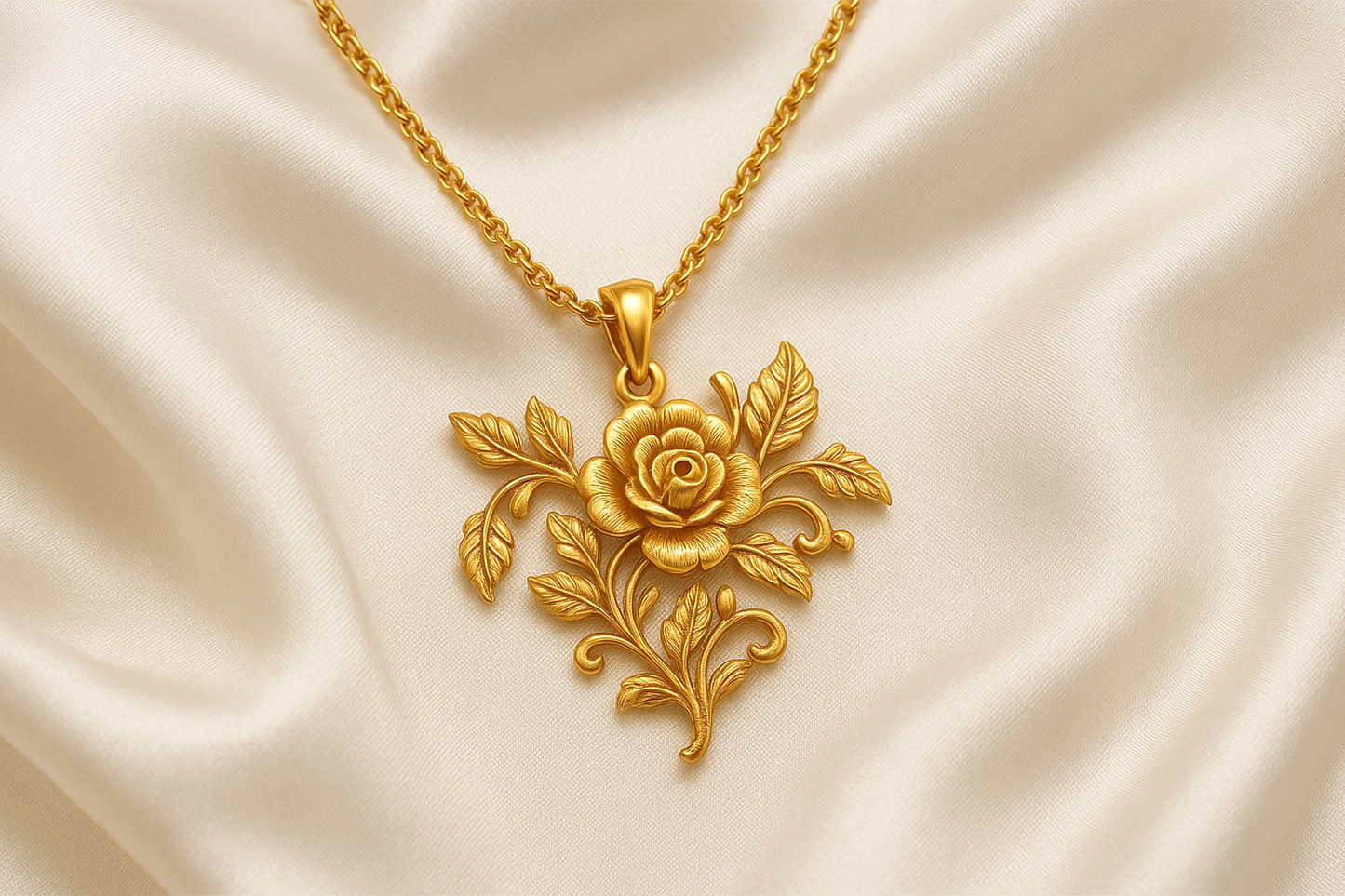Elegant 22KT gold pendant necklace with intricate floral design. Perfect for festive and daily wear.