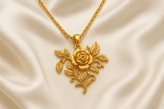 Elegant 22KT gold pendant necklace with intricate floral design. Perfect for festive and daily wear.