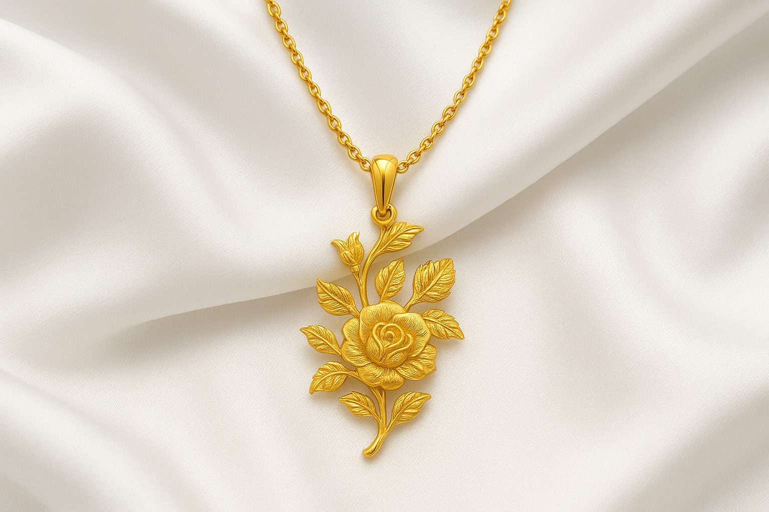 Elegant 22KT gold pendant necklace with intricate floral design. Perfect for festive and daily wear.