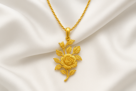 Elegant 22KT gold pendant necklace with intricate floral design. Perfect for festive and daily wear.
