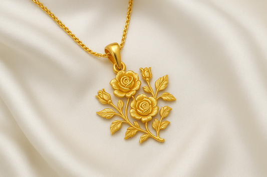 Elegant 22KT gold pendant necklace with intricate floral design. Perfect for festive and daily wear.