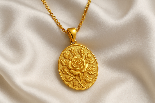 Elegant 22KT gold pendant necklace with intricate floral design. Perfect for festive and daily wear.