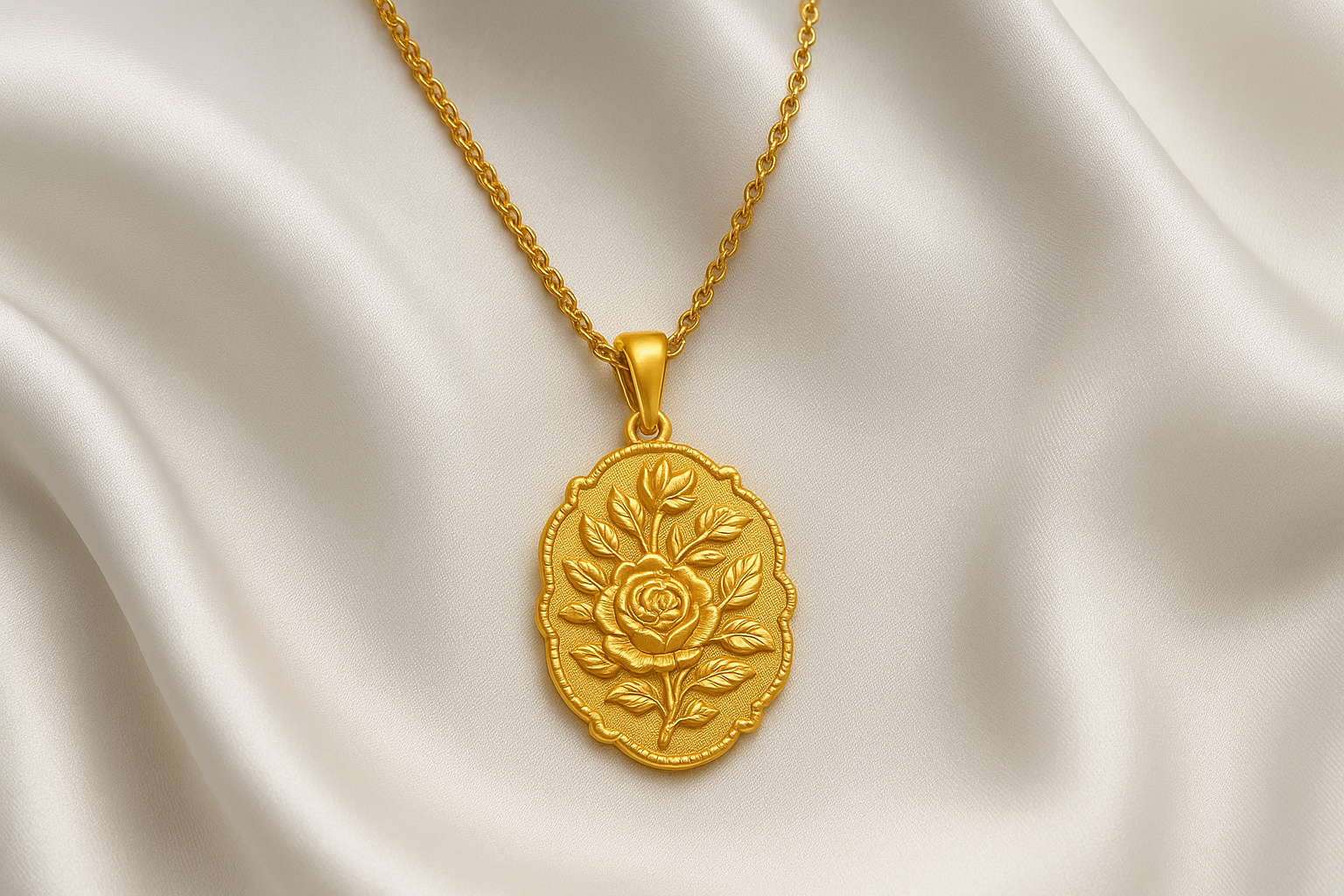 Elegant 22KT gold pendant necklace with intricate floral design. Perfect for festive and daily wear.