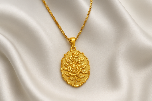 Elegant 22KT gold pendant necklace with intricate floral design. Perfect for festive and daily wear.