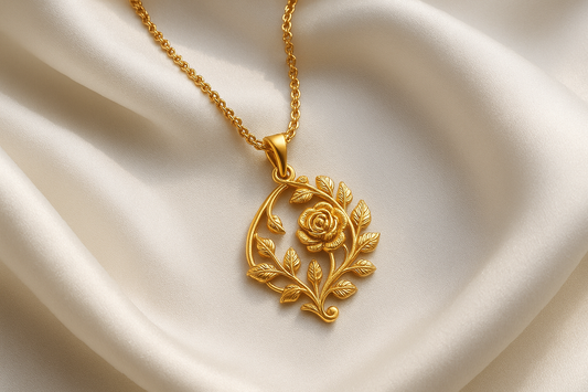 Elegant 22KT gold pendant necklace with intricate floral design. Perfect for festive and daily wear.