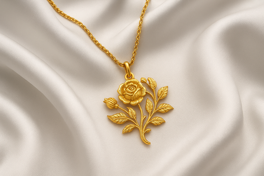 Elegant 22KT gold pendant necklace with intricate floral design. Perfect for festive and daily wear.