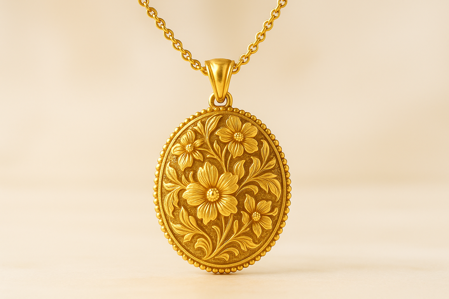 Elegant 22KT gold pendant necklace with intricate floral design. Perfect for festive and daily wear.