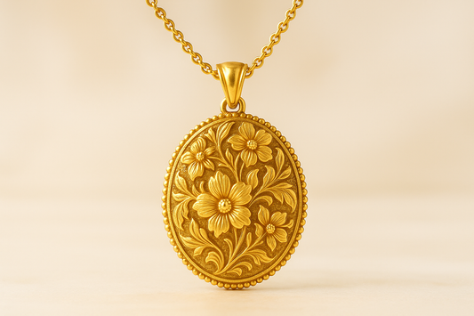 Elegant 22KT gold pendant necklace with intricate floral design. Perfect for festive and daily wear.