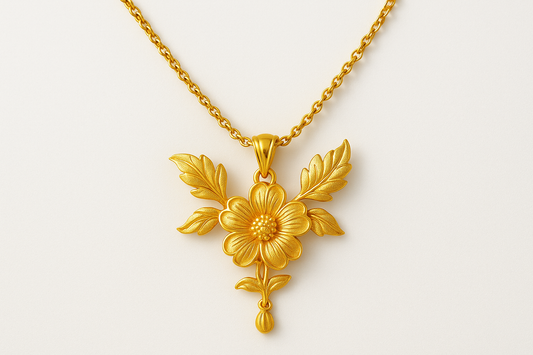 Elegant 22KT gold pendant necklace with intricate floral design. Perfect for festive and daily wear.