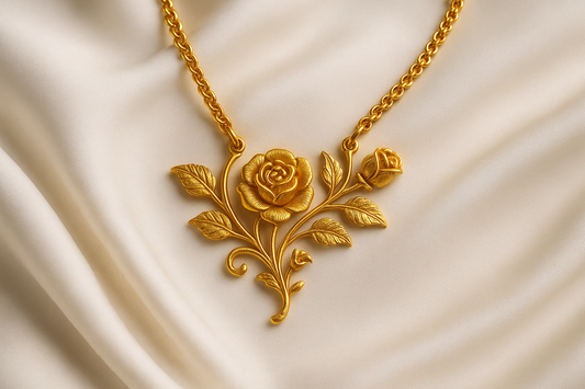 Elegant 22KT gold pendant necklace with intricate floral design. Perfect for festive and daily wear.