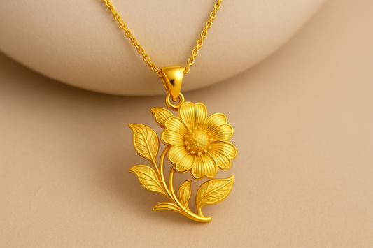 Elegant 22KT gold pendant necklace with intricate floral design. Perfect for festive and daily wear.