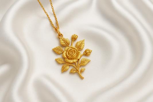 Elegant 22KT gold pendant necklace with intricate floral design. Perfect for festive and daily wear.