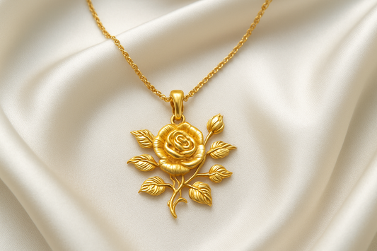 Elegant 22KT gold pendant necklace with intricate floral design. Perfect for festive and daily wear.
