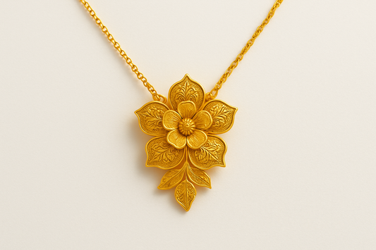 Elegant 22KT gold pendant necklace with intricate floral design. Perfect for festive and daily wear.