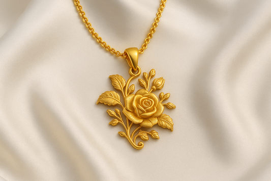 Elegant 22KT gold pendant necklace with intricate floral design. Perfect for festive and daily wear.