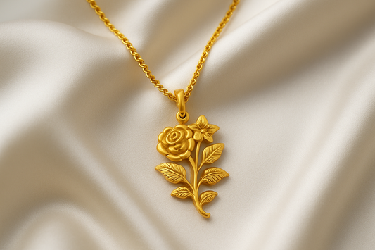 Elegant 22KT gold pendant necklace with intricate floral design. Perfect for festive and daily wear.