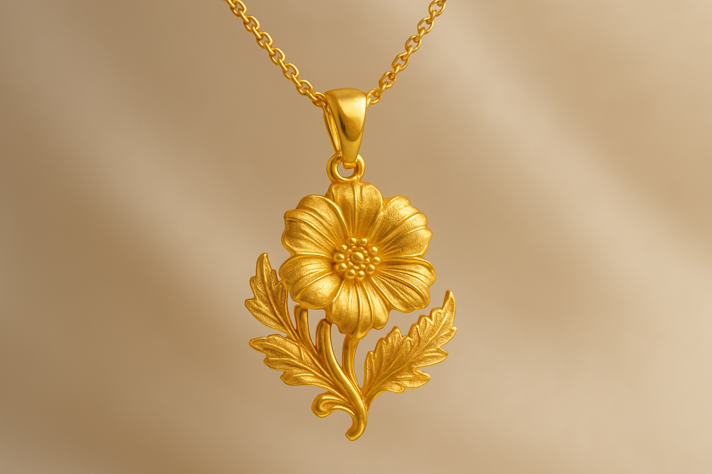 Elegant 22KT gold pendant necklace with intricate floral design. Perfect for festive and daily wear.