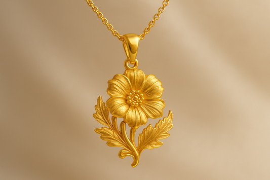Elegant 22KT gold pendant necklace with intricate floral design. Perfect for festive and daily wear.