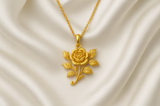 Elegant 22KT gold pendant necklace with intricate floral design. Perfect for festive and daily wear.