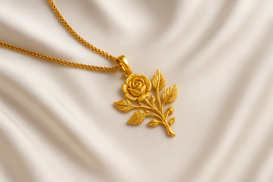 Elegant 22KT gold pendant necklace with intricate floral design. Perfect for festive and daily wear.