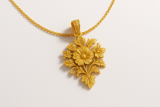 Elegant 22KT gold pendant necklace with intricate floral design. Perfect for festive and daily wear.