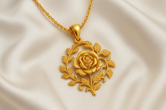Elegant 22KT gold pendant necklace with intricate floral design. Perfect for festive and daily wear.