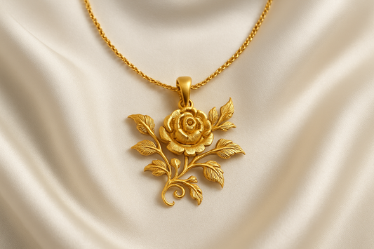 Elegant 22KT gold pendant necklace with intricate floral design. Perfect for festive and daily wear.