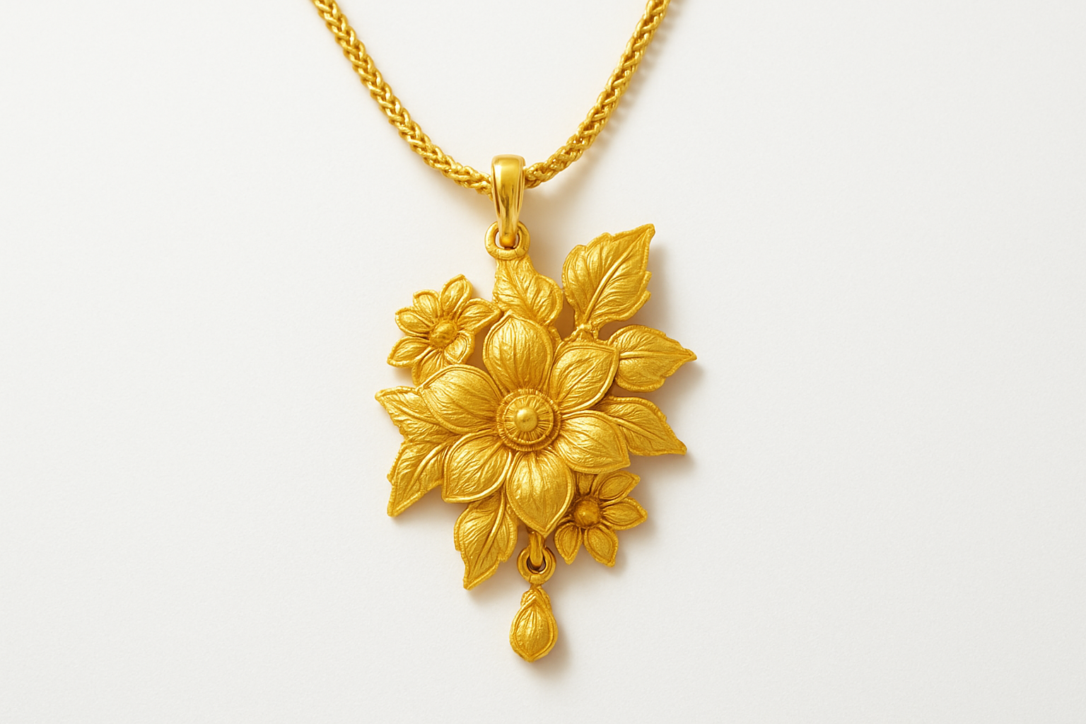 Elegant 22KT gold pendant necklace with intricate floral design. Perfect for festive and daily wear.