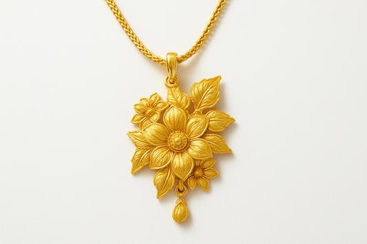 Elegant 22KT gold pendant necklace with intricate floral design. Perfect for festive and daily wear.