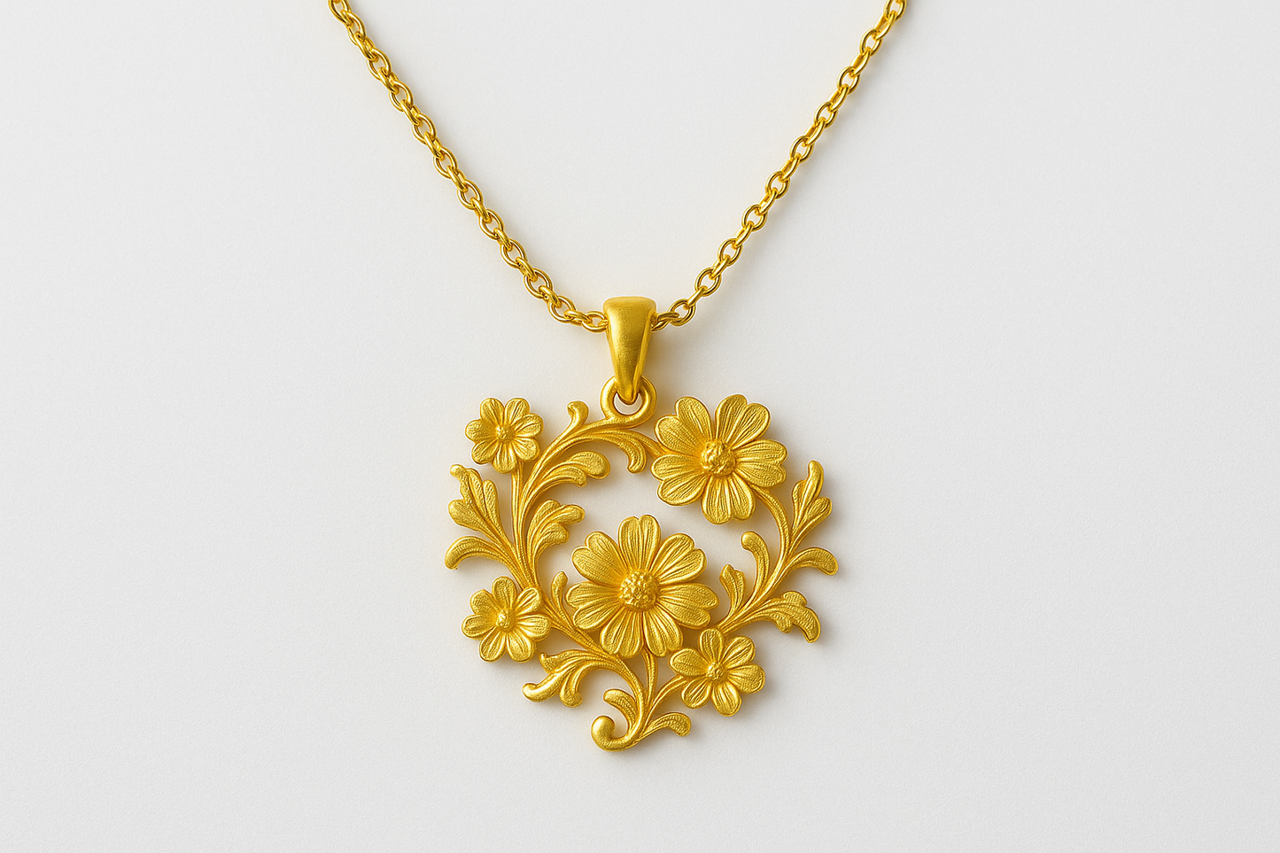 Elegant 22KT gold pendant necklace with intricate floral design. Perfect for festive and daily wear.