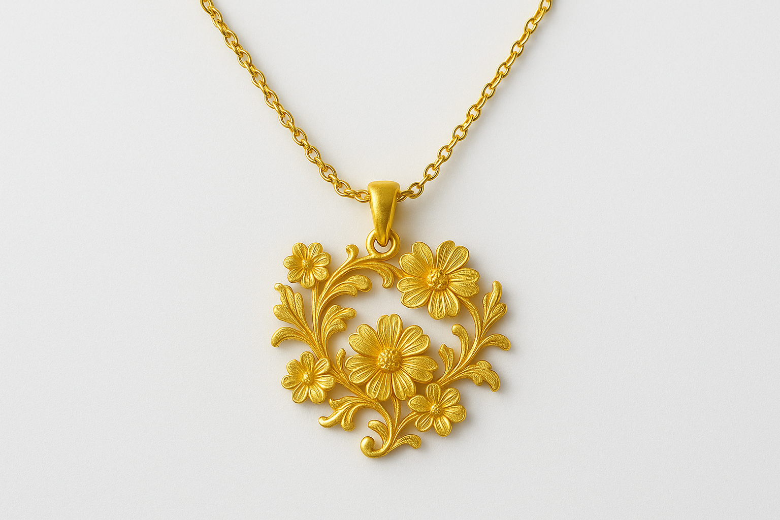 Elegant 22KT gold pendant necklace with intricate floral design. Perfect for festive and daily wear.