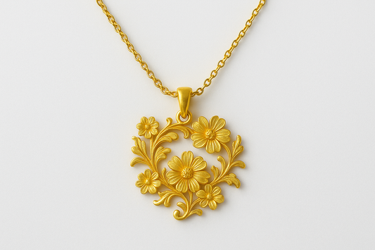 Elegant 22KT gold pendant necklace with intricate floral design. Perfect for festive and daily wear.