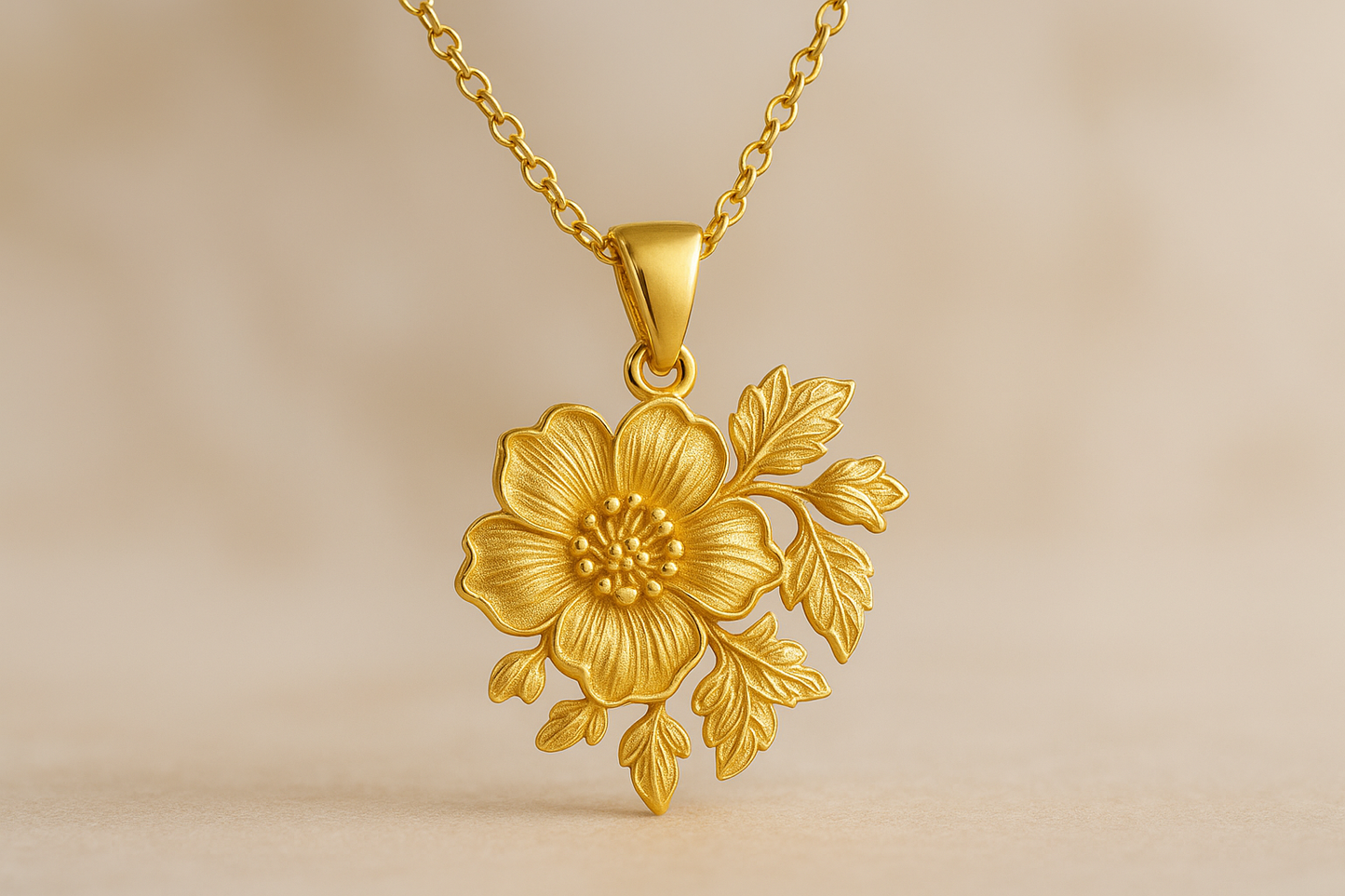 Elegant 22KT gold pendant necklace with intricate floral design. Perfect for festive and daily wear.