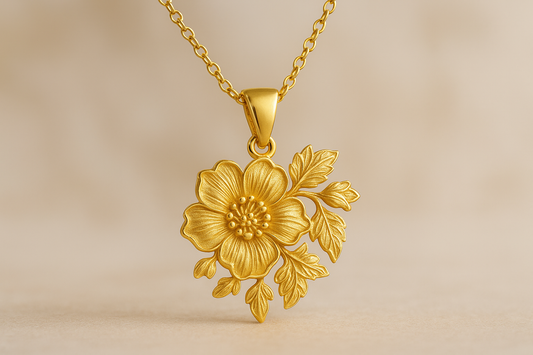 Elegant 22KT gold pendant necklace with intricate floral design. Perfect for festive and daily wear.