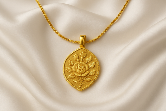 Elegant 22KT gold pendant necklace with intricate floral design. Perfect for festive and daily wear.