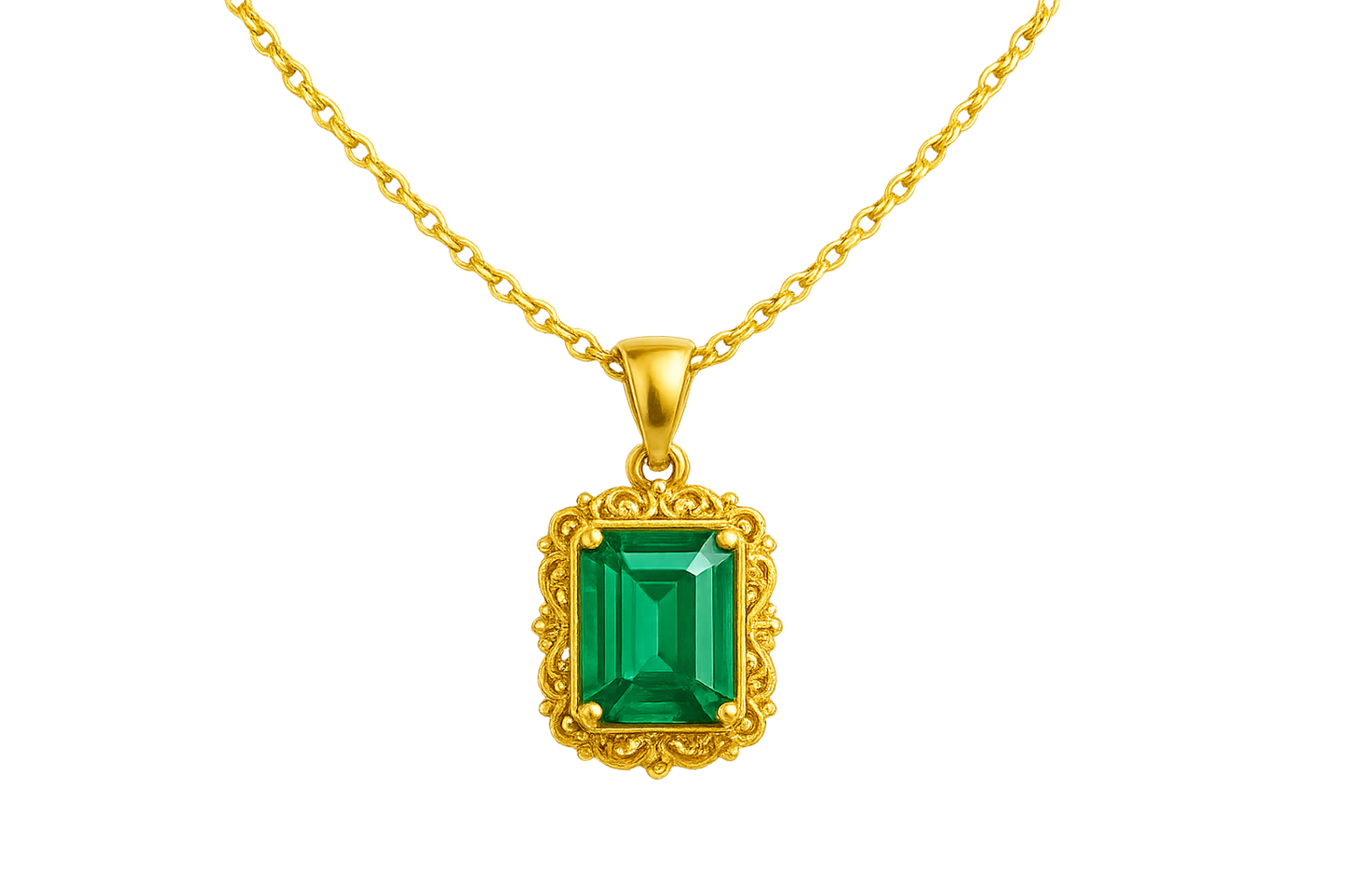 Gold Pendant Necklace 92 with emerald give the image in png format no background