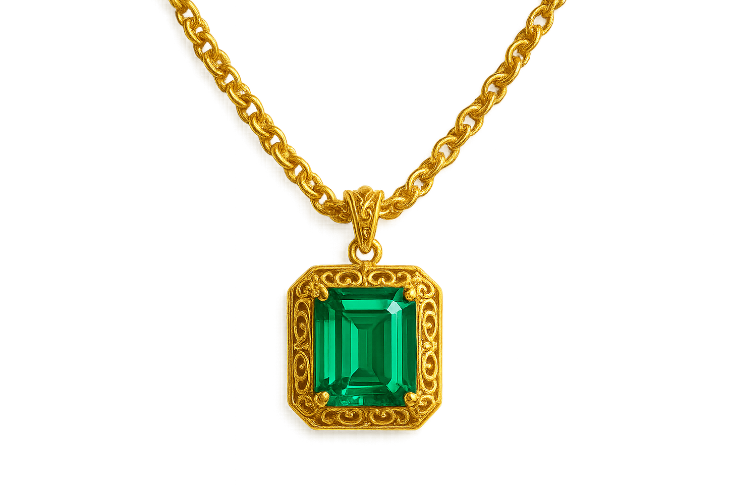 Gold Pendant Necklace 99 with emerald give the image in png format no background