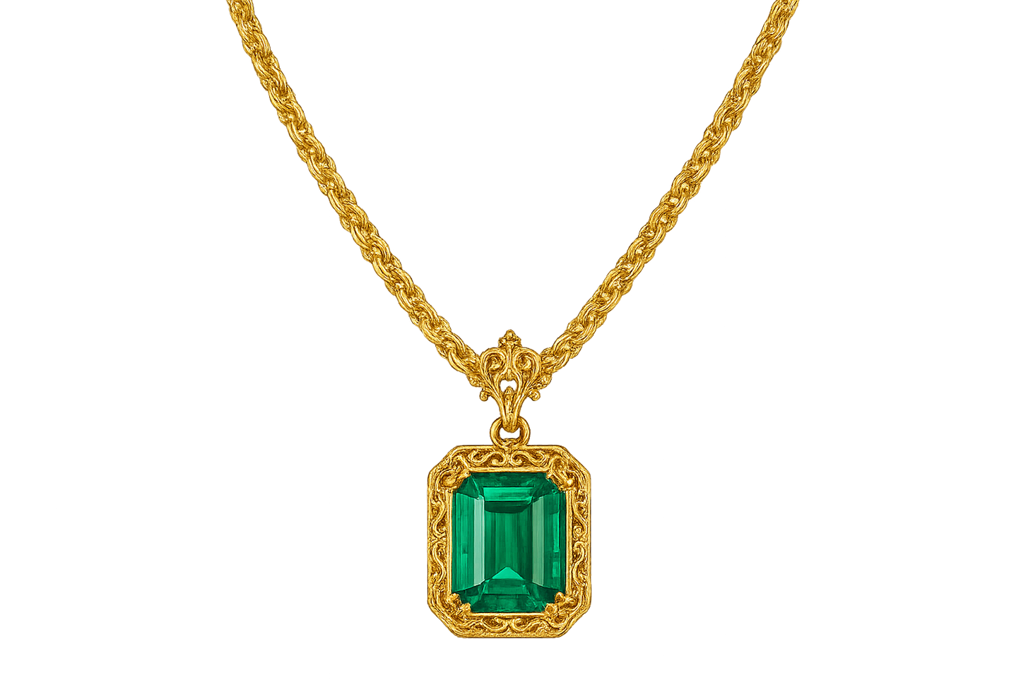 Gold Pendant Necklace 99 with emerald give the image in png format no background