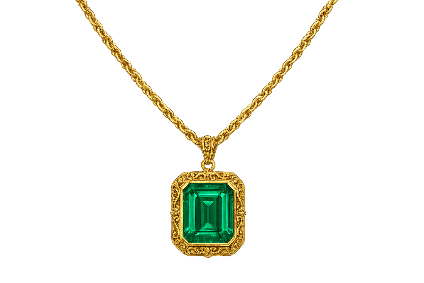 Gold Pendant Necklace 99 with emerald give the image in png format no background